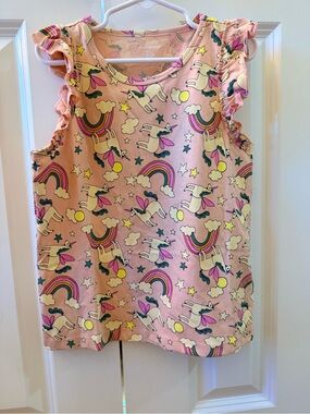 Amazon Essentials Pink Unicorn & Rainbow Ruffle Tank Top